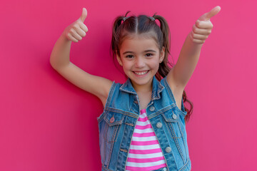 Cheering, positive young girl giving a thumbs up gesture showing her approval. Female kid is ready with a yes and accept expression. Child gives her OK and agreement by stretching her finger upwards.