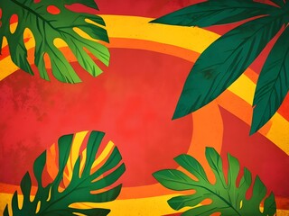 Wall Mural - Tropical Leaves on a Red and Yellow Background