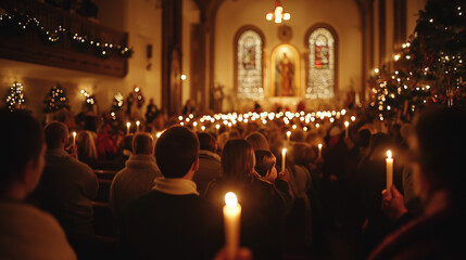 candlelight christmas service in a beautifully decorated church, with warm, glowing candles held by worshippers, creating a serene and festive atmosphere filled with reverence and tradition