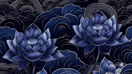 Poster - Two Detailed Blue Lotus Flowers with Golden Outlines Against a Dark Blue Background