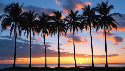 In the light and shadow of dusk, several palm trees stand tall, creating a tranquil atmosphere, and the contours of the coconut trees and the coast intertwined to outline a summer evening.