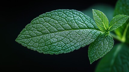 Close-up of a Vibrant Green Mint Leaf with Delicate Veins