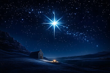 beautiful star of bethlehem's nativity, shining in dark blue starry sky. generative ai