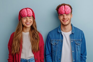 Wall Mural - Mental agility cognition Smiling couple wearing brain caps symbolizing lighthearted intellectual connection shared thoughts and mutual understanding in relationships