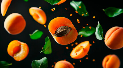 Slices of ripe apricots are suspended in the air, surrounded by fresh leaves. The vibrant orange color contrasts beautifully with the dark backdrop, creating a striking visual effect