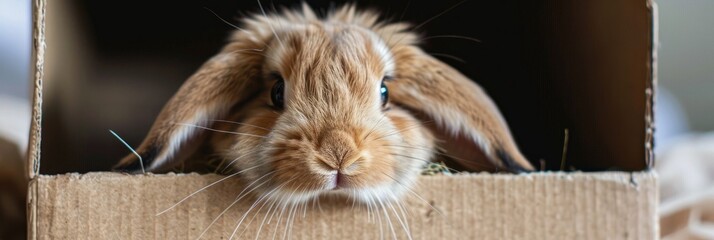 Sticker - Close-Up of Adorable Holland Lop Rabbit in a Cardboard Box