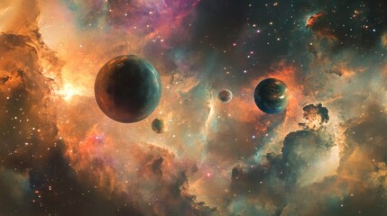 Wall Mural - A cosmic scene with multiple planets in a colorful nebula.