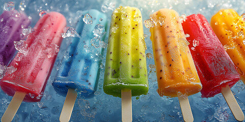 Colourful rainbow fruit ice pops. Tasty refreshing popsicles on hot summer day.