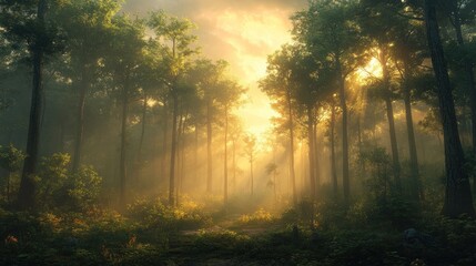 Wall Mural - Sunlight Streaming Through a Misty Forest Path