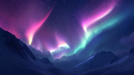 Wall Mural - A starry night sky with vibrant pink and green aurora borealis over snow-covered mountains.