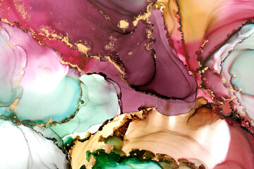 Sticker - Natural  luxury abstract fluid art painting in alcohol ink technique. Tender and dreamy  wallpaper. Mixture of colors creating transparent waves and golden swirls. For posters, other printed materials