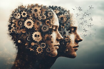 Wall Mural - Mental agility skill Profile of two individuals with intricate gears and puzzle pieces representing the complexity of the human mind and intellectual connections