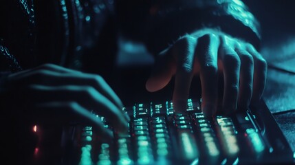 Close-up of hands typing on a backlit keyboard in a dark room.