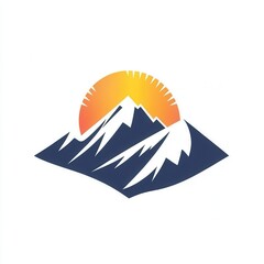 Poster - A minimalist logo showcases majestic snow-capped mountains with a bright sun rising behind, representing tranquility and outdoor exploration. Generative AI