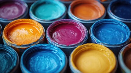 Close-up of various color paint cans.