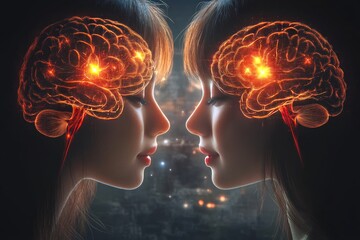 Sticker - Cognitive development capacity Side profiles of two women with fiery brain designs representing the intense exchange of ideas and creativity in a dynamic digital world