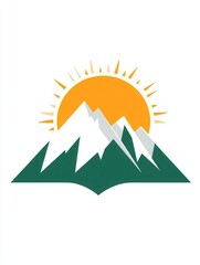 Poster - The design highlights snow-capped mountains with a vibrant sun rising behind them, creating a tranquil atmosphere evoking adventure. Generative AI