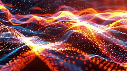 Poster - Abstract orange waves are forming from glowing particles, creating a futuristic digital landscape. This mesmerizing visual could represent the flow of data, energy, or other abstract concepts