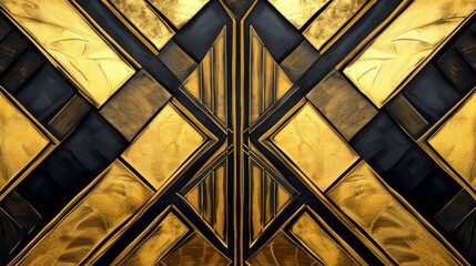 Symmetrical Art Deco wall pattern in striking gold and black. The design's intricate geometry and polished gold elements exude a sense of luxury and elegance, ideal for high-end interiors and stylish