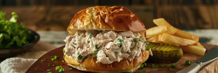 Poster - Chicken Salad served on a Brioche Roll accompanied by Pickles