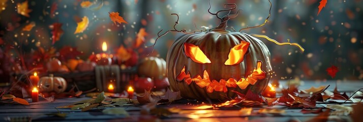 Wall Mural - Artfully carved illuminated jack-o'-lantern displayed on a table adorned with autumn leaves for the Halloween season.