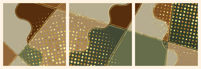 Poster - Three abstract paintings with gold and brown colors and dots. The paintings are arranged in a row. The paintings have a modern and artistic feel to them