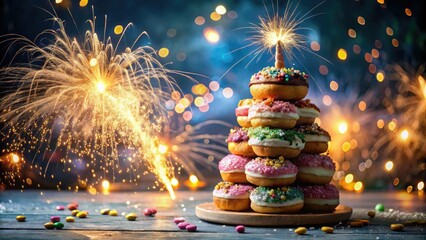 Whimsical golden hour donut tower countdown sparklers festive confetti joyful indulgent bright pastel glittery midnight celebration sugar rush