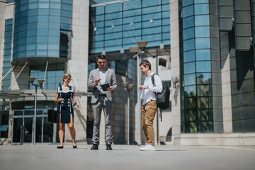 Group of professionals engaging in conversation outside a contemporary office building. Diverse attire highlights a blend of formal and casual fashion in a vibrant city environment.