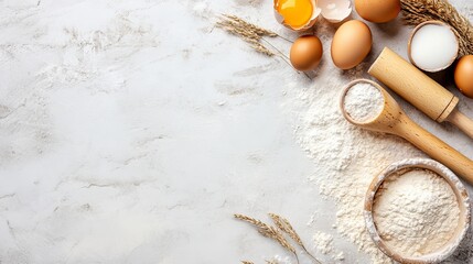 The history of baking at the table with light stones. flour, sugar, eggs, and rolling pin. Top view with copy space