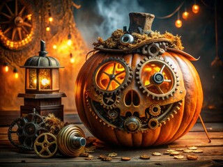 Steampunk-inspired jack-o-lantern with a timekeeper's mask adorned with gears and clockwork mechanisms in a dimly lit inventor's workshop