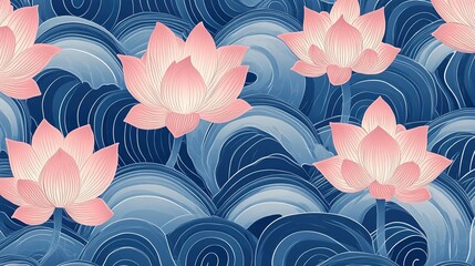 Poster - Pink Lotus Flowers Against a Blue Swirling Background