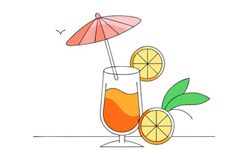 Colorful Cocktail Line Drawing with Decorative Umbrella and Citrus Slice Vibrant Vector Illustration