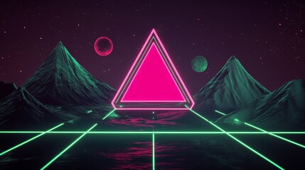 Wall Mural - Neon triangle sci-fi landscape with glowing planets