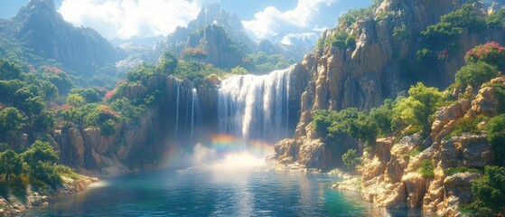 Poster - Majestic Waterfall Cascading Down Mountain Cliffs with a Rainbow