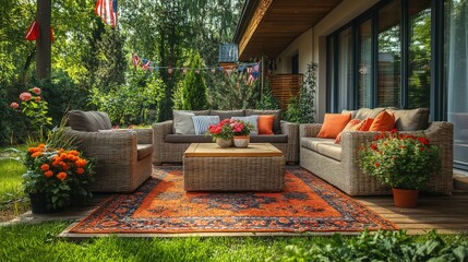 Wicker patio furniture set with colorful rug, flower pots, and decorative flags.