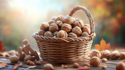 Basket of mixed nuts, with a nutcracker, set on a table, warm indoor light