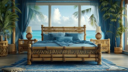 Bedroom with bamboo furniture, natural wool area rug, large windows, soft morning light