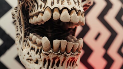 A close-up of an artistic skull featuring detailed teeth, set against a geometric black and white background with a hint of red lighting. The image merges horror with design elements, creating a