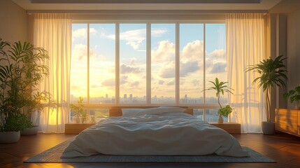 Bedroom with organic linen bedding, bamboo furniture, large windows with sheer curtains, soft morning light