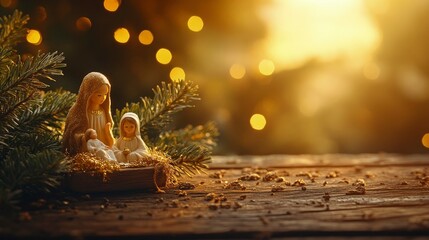 Christmas nativity scene, small figurines of the holy family, placed on a wooden table, soft evening light