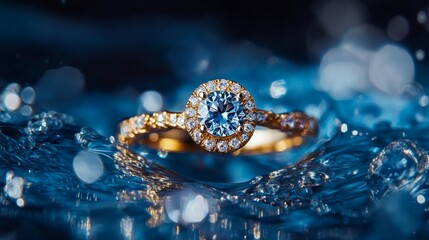 Poster - Beautiful gold engagement ring with sapphire and diamonds set against a vivid blue background. This exquisite jewelry was expertly and flawlessly retouched, befitting a jeweler.