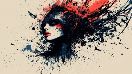 Wall Mural - Abstract Female Portrait with Red and Black Splashes