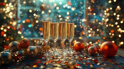 New Yearâ€™s eve party table, with champagne glasses and confetti, festive background, evening light