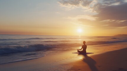 Silhouette of a woman meditating on the beach at sunset.