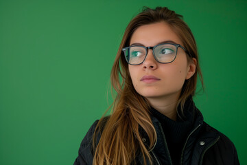 Woman with long brown hair and glasses is standing in front of a green wall. She is looking at the camera with a serious expression