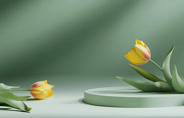 3D display podium green background with yellow tulip flower and petal. Nature Blossom minimal pedestal for beauty, cosmetic product presentation. Summer and spring mockup. 3d render template