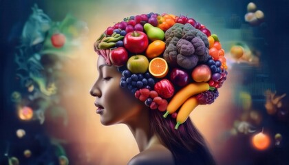  Human brain made of fruits and vegetables. Concept of nutritious foods for brain health. Generated image