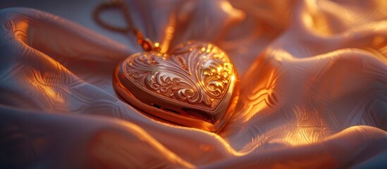 Ornate golden heart shaped pendant or ornament glowing and reflecting in warm cozy lighting creating an intimate romantic and sentimental atmosphere