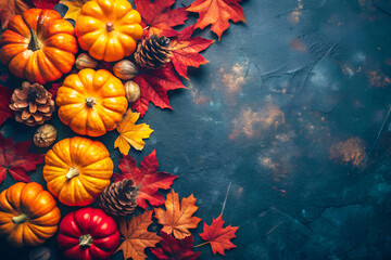 Autumn bright background with pumpkins and maple leaves on a dark grunge surface close-up, top view. Thanksgiving background	