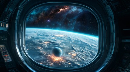 Wall Mural - View from spaceship window of a planet with a glowing nebula in the background.